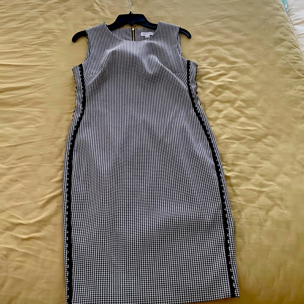 Black and white houndstooth pattern Calvin Klein midi dress.